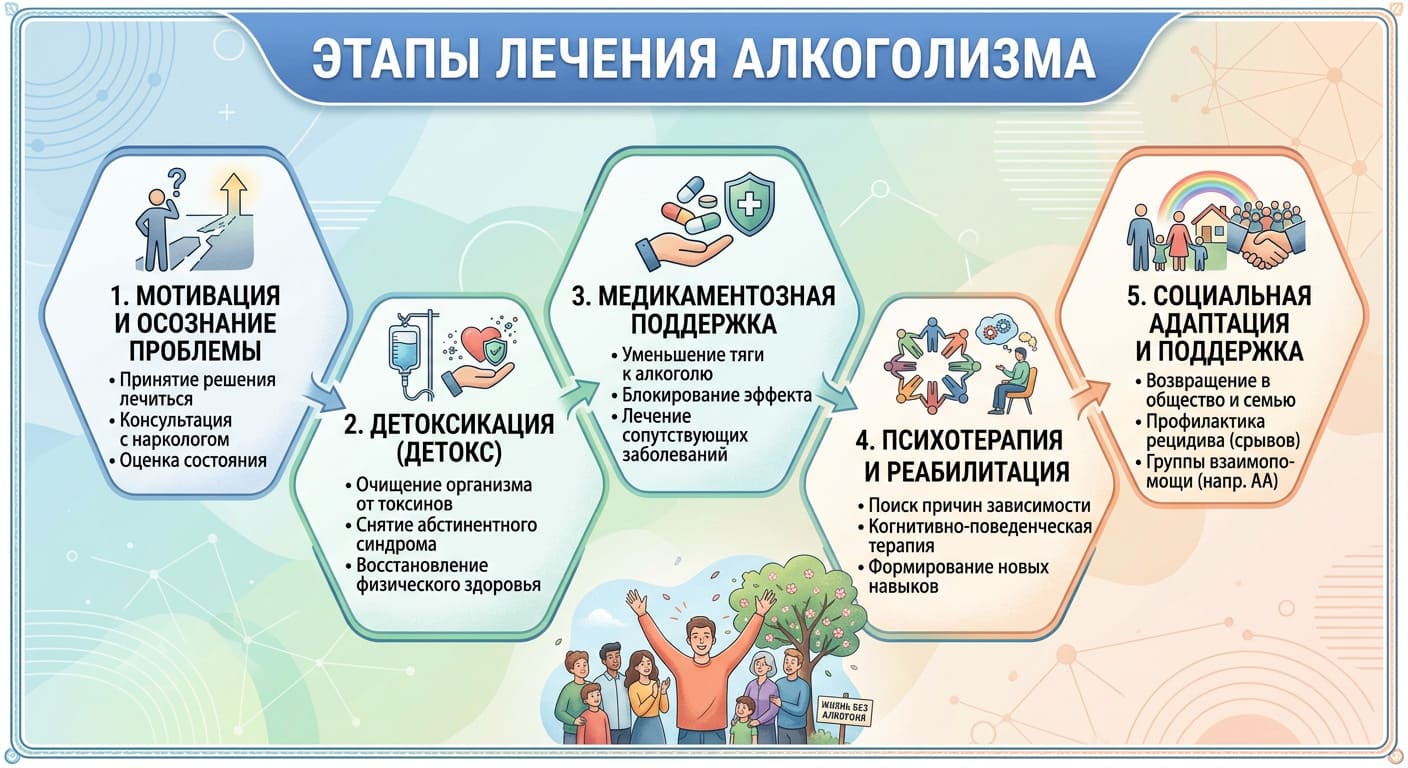 Этапы лечения алкогольной зависимости